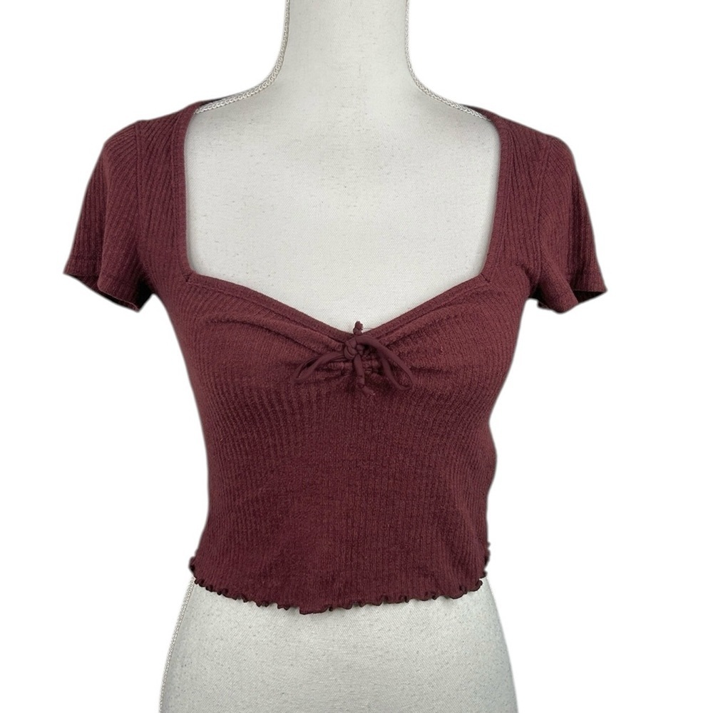 Abercrombie & Fitch Y2K 90's Burgundy Ribbed Lettuce Trim Crop Top Size XS